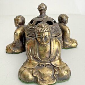 Vintage Unique Three Buddha Base Brass Incense Burner with Lid Made in Japan